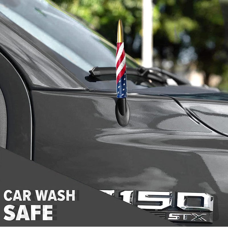 HVSTTPK هوائي رصاصة للسيارات والشاحنات مع أغطية صمامات الإطارات لفورد F150 F250 F350 سوبر شيفروليه ديوتي رابتور دودج رام 1500 2500 3500، ملحقات الشاحنات (ذهبي) - تصميم العلم الأمريكي - Image 3